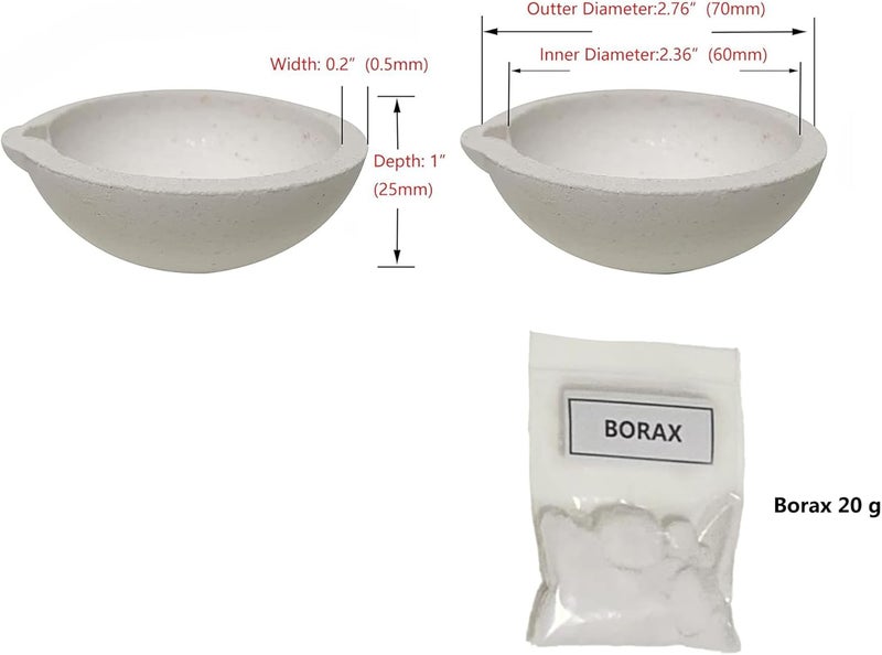 HWJMS 2.76" 4PCS 150g Ceramic Crucible Bowl Dish Cup with Clip Tongs Handle 2A with Pure 20g Borax for Jewelry Gold Silver Brass Casting Refining Quartz Tool - Image 2
